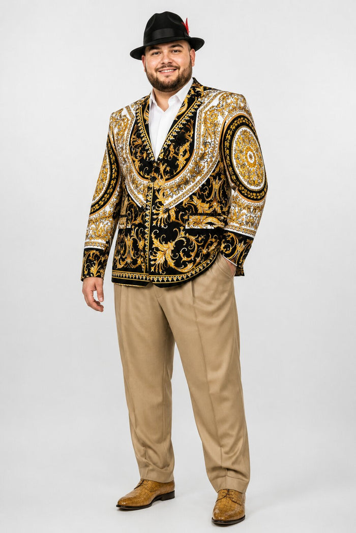Men's Black and Gold Baroque Blazer with Matching Pants, Hat, and Shoes - Luxury Party and Wedding Outfit Set