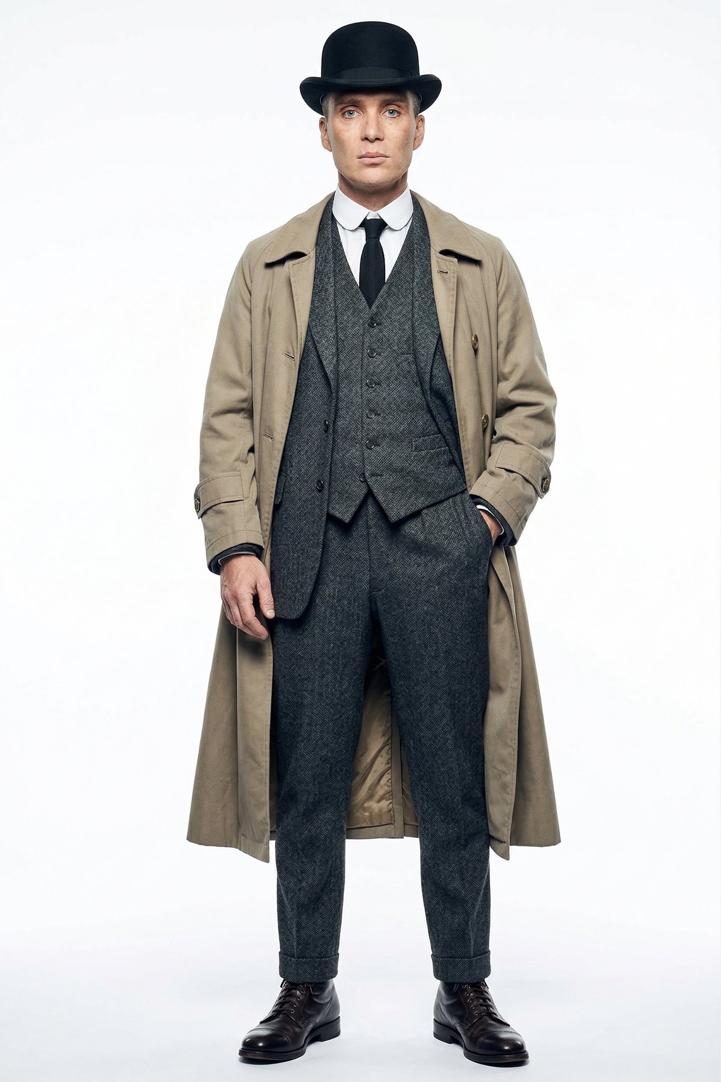 Mens Beige Vintage Style Trenchcoat Overcoat + Suit + Hat – Classic Long Trench Coat Inspired by Peaky Blinders Formal 1920s Package