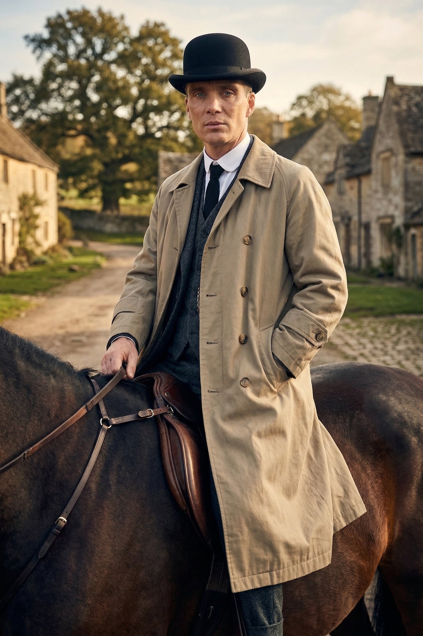 Mens Beige Vintage Style Trenchcoat Overcoat + Suit + Hat – Classic Long Trench Coat Inspired by Peaky Blinders Formal 1920s Package