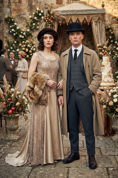 Mens Beige Vintage Style Trenchcoat Overcoat + Suit + Hat – Classic Long Trench Coat Inspired by Peaky Blinders Formal 1920s Package