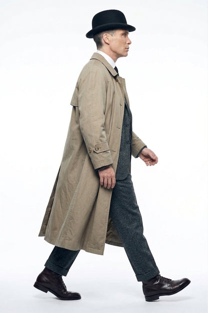 Mens Beige Vintage Style Trenchcoat Overcoat + Suit + Hat – Classic Long Trench Coat Inspired by Peaky Blinders Formal 1920s Package