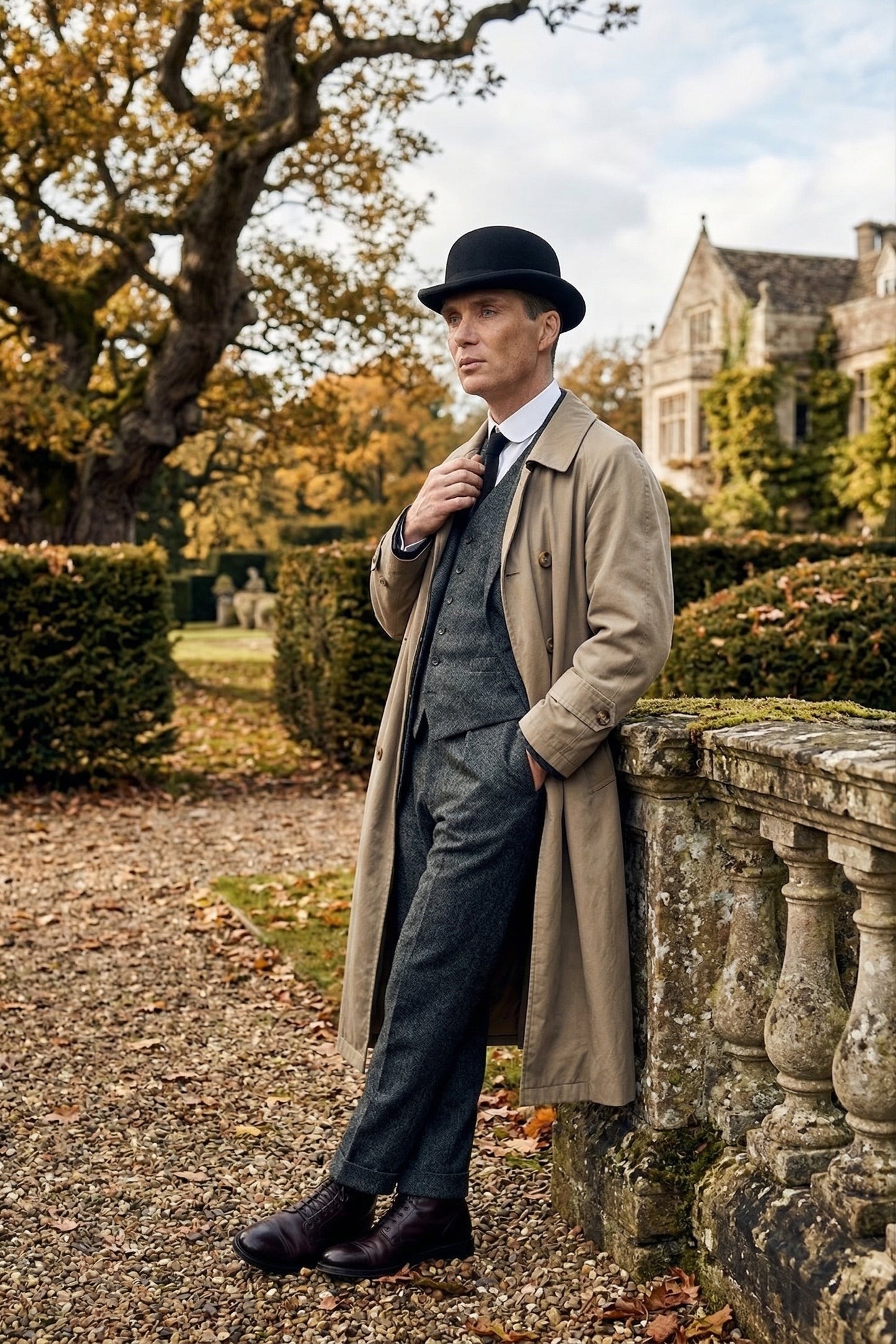 Mens Beige Vintage Style Trenchcoat Overcoat + Suit + Hat – Classic Long Trench Coat Inspired by Peaky Blinders Formal 1920s Package