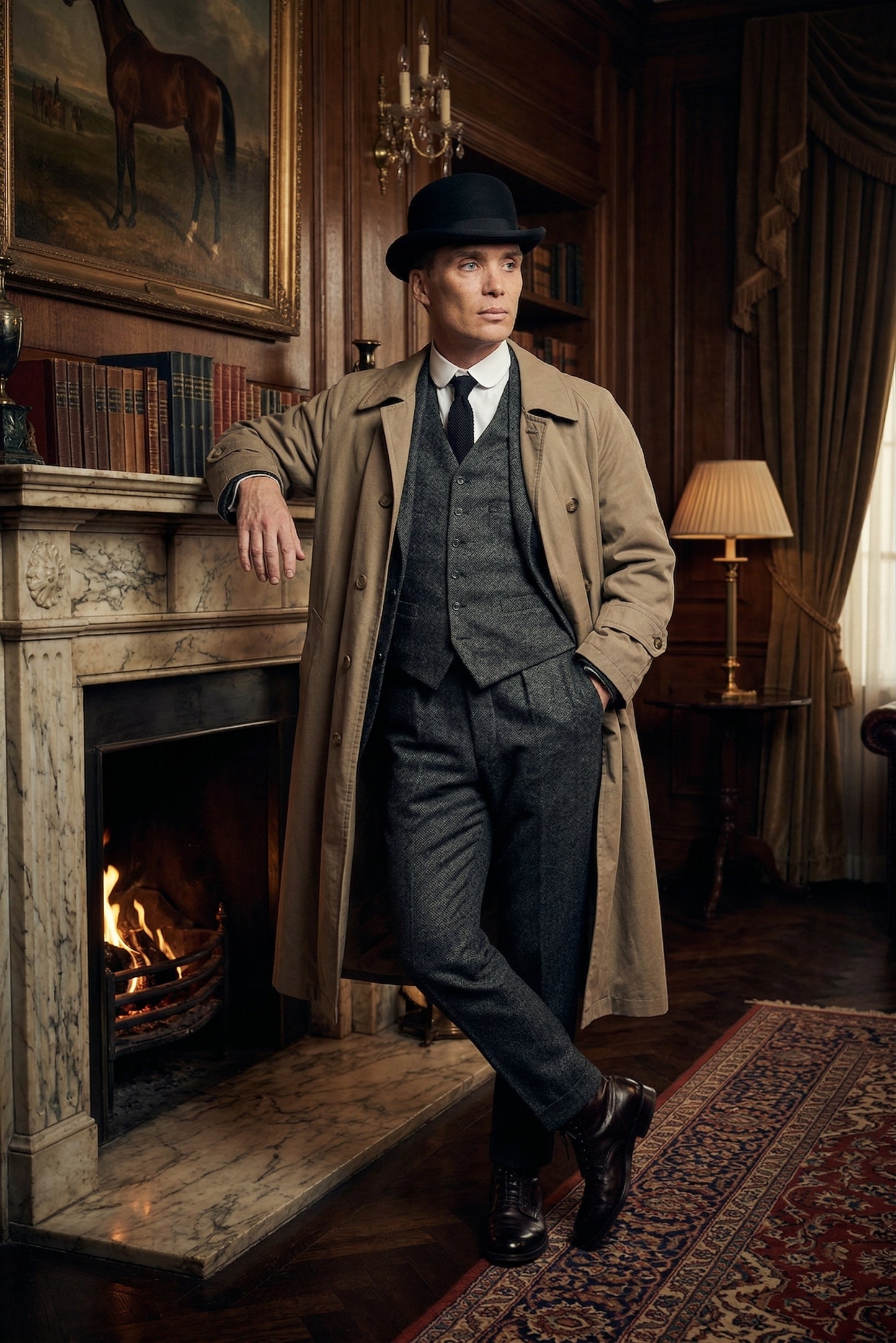 Mens Beige Vintage Style Trenchcoat Overcoat + Suit + Hat – Classic Long Trench Coat Inspired by Peaky Blinders Formal 1920s Package