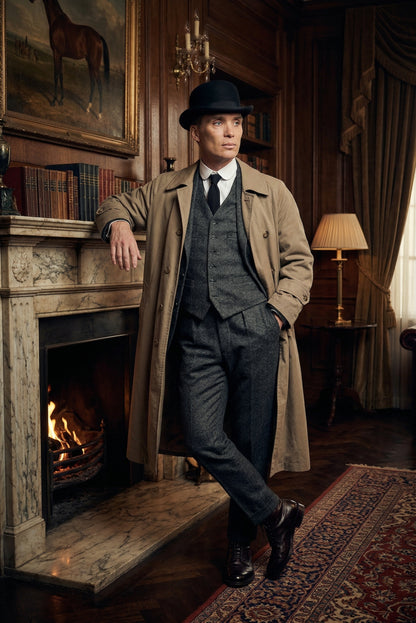 Mens Beige Vintage Style Trenchcoat Overcoat + Suit + Hat – Classic Long Trench Coat Inspired by Peaky Blinders Formal 1920s Package