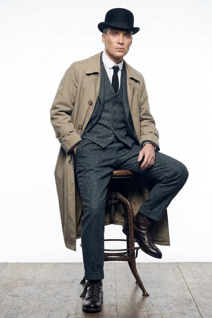 Mens Beige Vintage Style Trenchcoat Overcoat + Suit + Hat – Classic Long Trench Coat Inspired by Peaky Blinders Formal 1920s Package