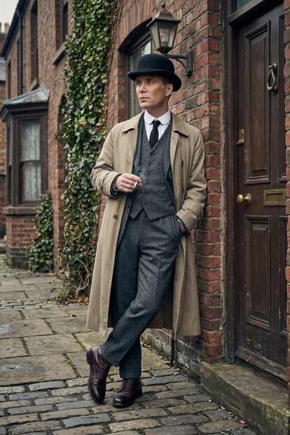 Mens Beige Vintage Style Trenchcoat Overcoat + Suit + Hat – Classic Long Trench Coat Inspired by Peaky Blinders Formal 1920s Package