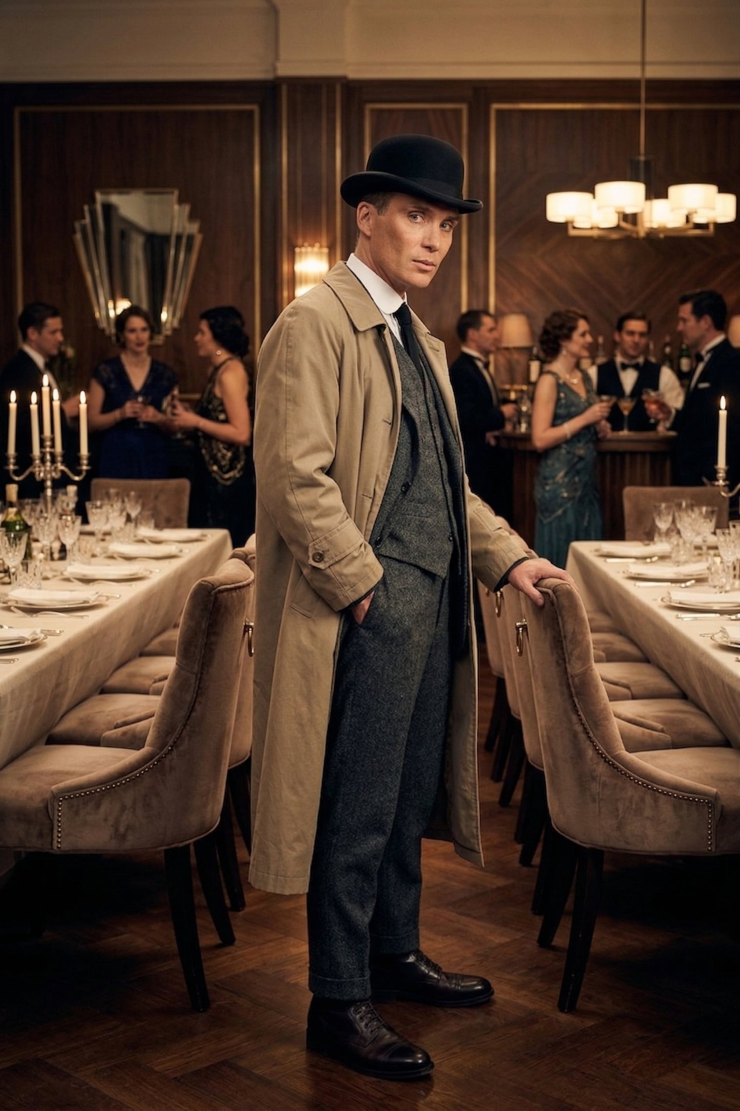 Mens Beige Vintage Style Trenchcoat Overcoat + Suit + Hat – Classic Long Trench Coat Inspired by Peaky Blinders Formal 1920s Package