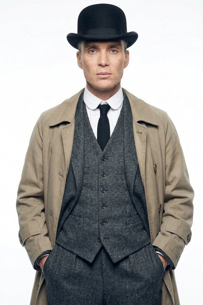 Mens Beige Vintage Style Trenchcoat Overcoat + Suit + Hat – Classic Long Trench Coat Inspired by Peaky Blinders Formal 1920s Package