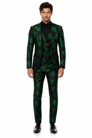 Mens Black and Emerald Green Velvet Floral Tuxedo Suit  Slim Fit 2 Piece Formalwear for Weddings and Events Slim Fitted