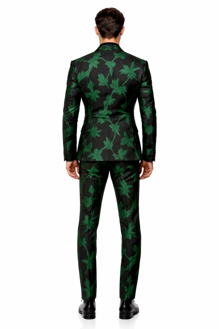 Mens Black and Emerald Green Velvet Floral Tuxedo Suit  Slim Fit 2 Piece Formalwear for Weddings and Events Slim Fitted