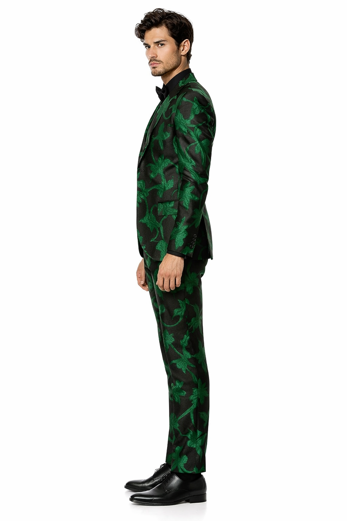 Mens Black and Emerald Green Velvet Floral Tuxedo Suit  Slim Fit 2 Piece Formalwear for Weddings and Events Slim Fitted