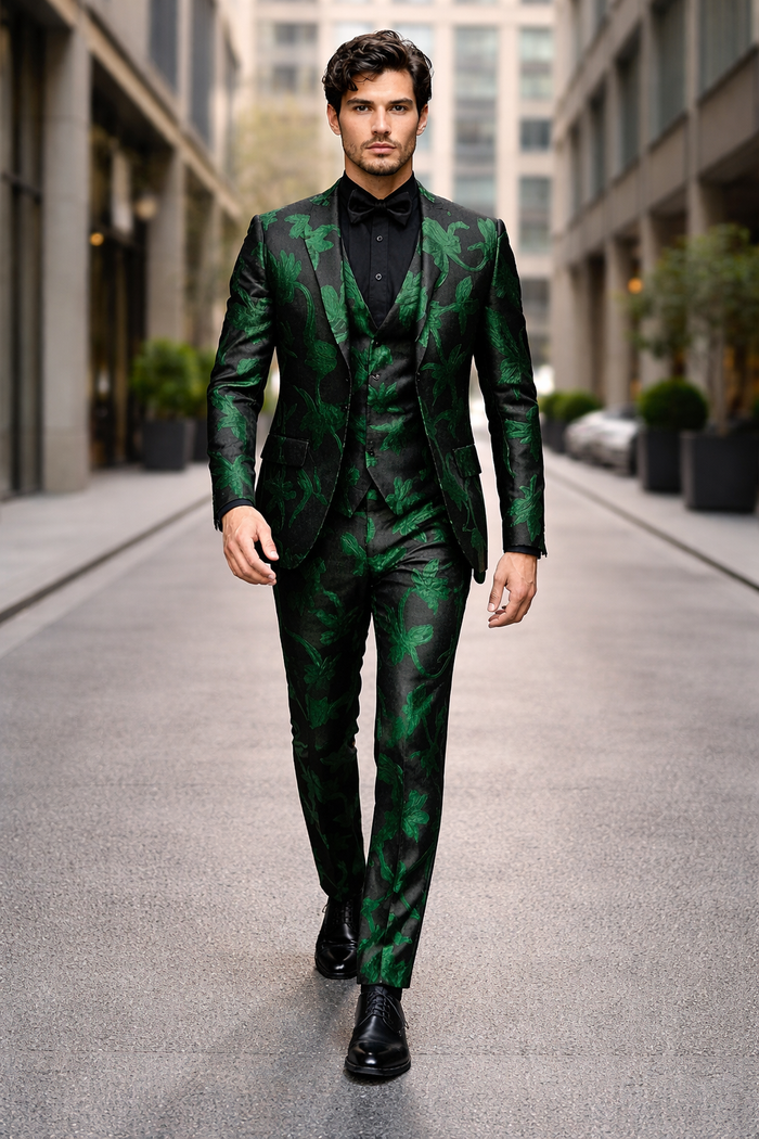 Mens Black and Emerald Green Velvet Floral Tuxedo Suit  Slim Fit 2 Piece Formalwear for Weddings and Events Slim Fitted