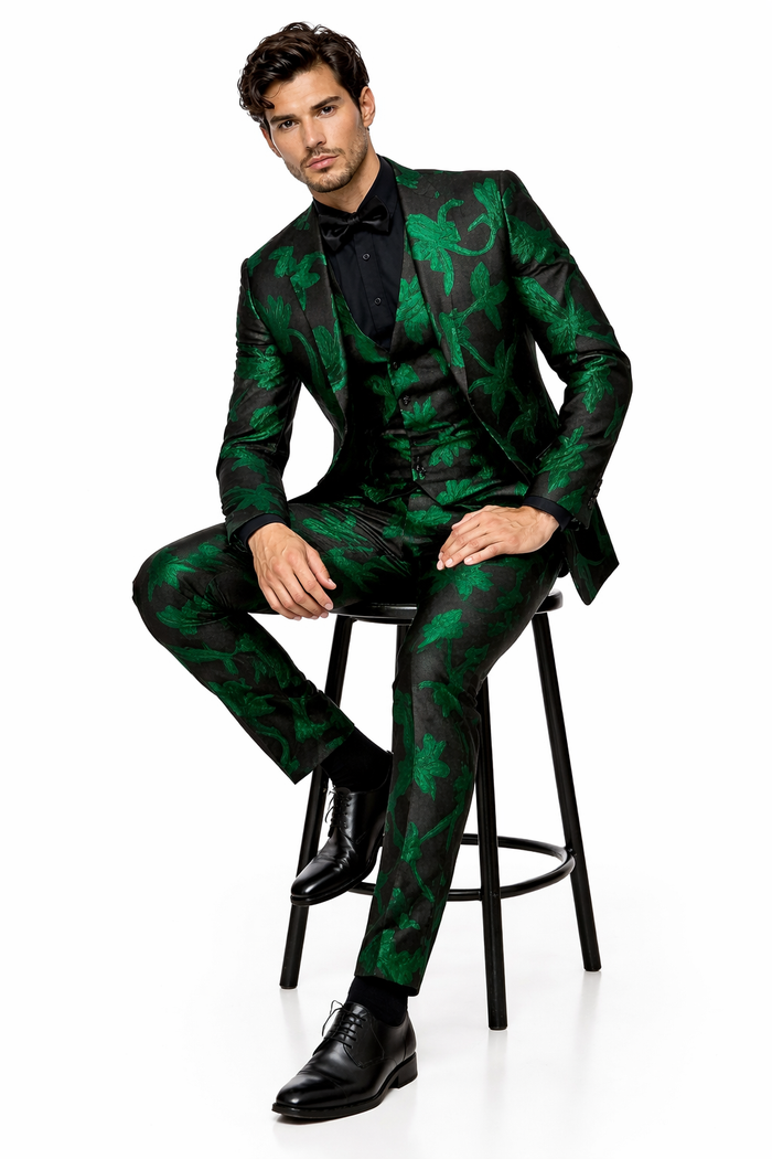 Mens Black and Emerald Green Velvet Floral Tuxedo Suit  Slim Fit 2 Piece Formalwear for Weddings and Events Slim Fitted