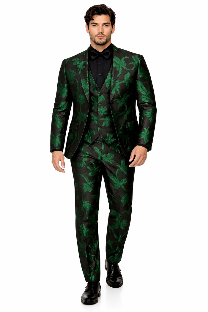 Mens Black and Emerald Green Velvet Floral Tuxedo Suit  Slim Fit 2 Piece Formalwear for Weddings and Events Slim Fitted