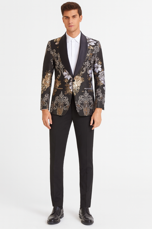Men's Black and Gold Silver Floral Jacquard Blazer Suit with Satin Shawl Lapel, All Sizes Men's Black and Gold Silver Floral Jacquard Blazer Suit with Satin Shawl Lapel, All Sizes