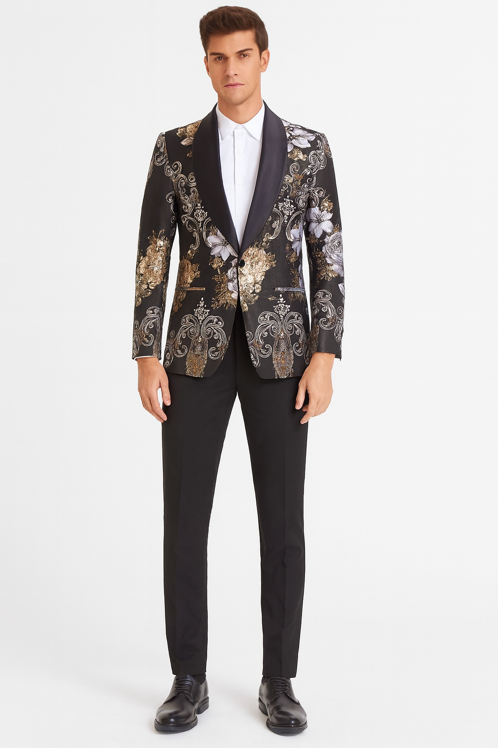 Mens Black and Gold and Silver Floral Jacquard Blazer with Satin Shawl Lapel Tuxedo Suit With Black Pants with Bowtie