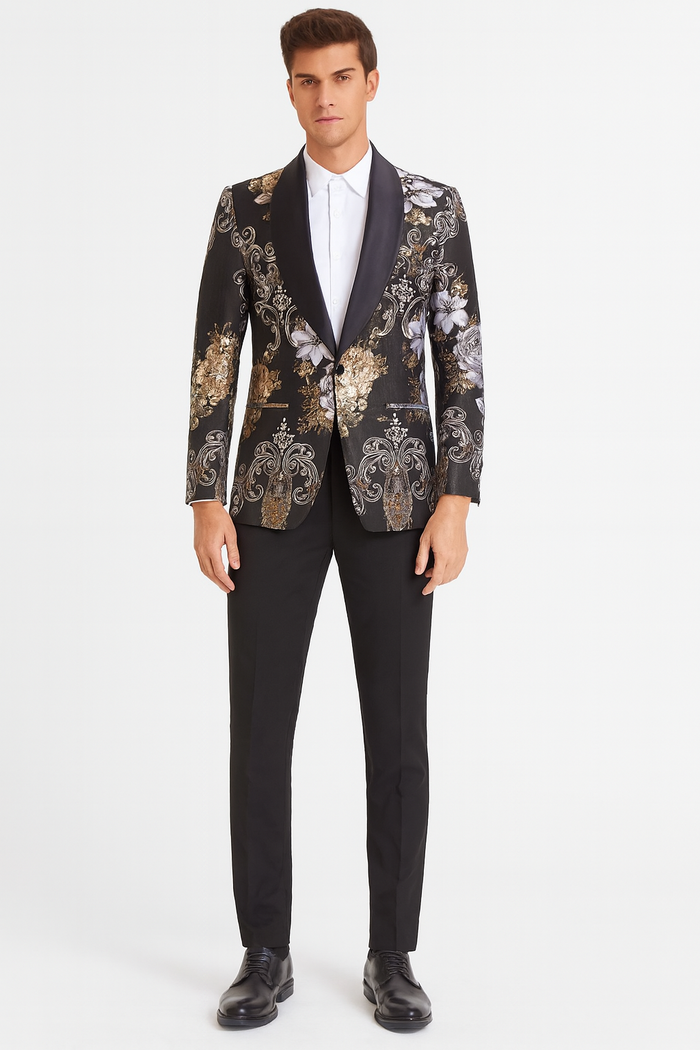 Mens Black and Gold and Silver Floral Jacquard Blazer with Satin Shawl Lapel Tuxedo Suit With Black Pants with Bowtie
