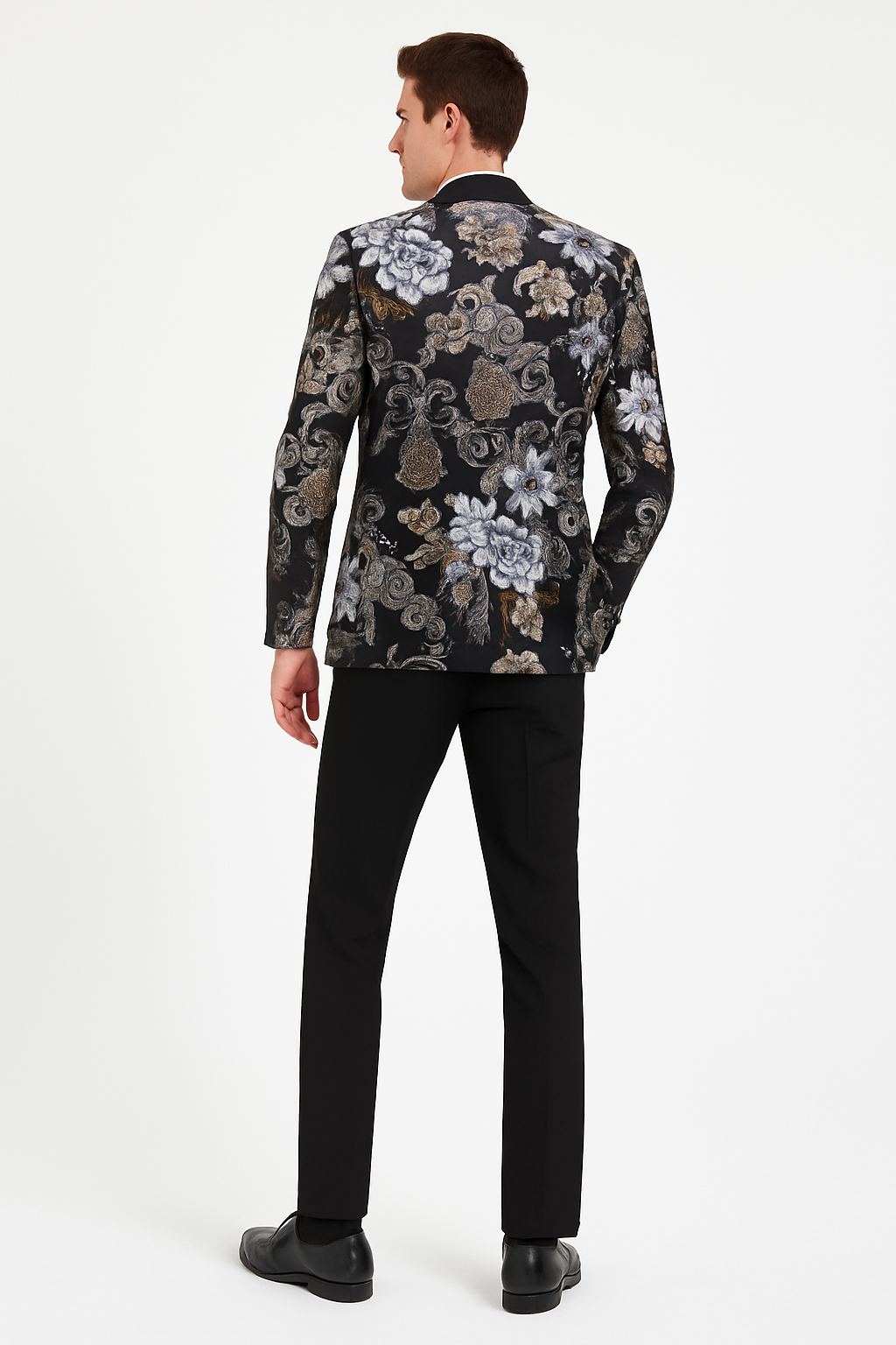 Men’s Black and Gold and Silver Floral Jacquard Blazer with Satin Shawl Lapel Tuxedo Suit With Black Pants with Bowtie