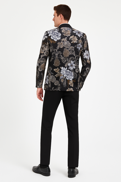 Mens Black and Gold and Silver Floral Jacquard Blazer with Satin Shawl Lapel Tuxedo Suit With Black Pants with Bowtie