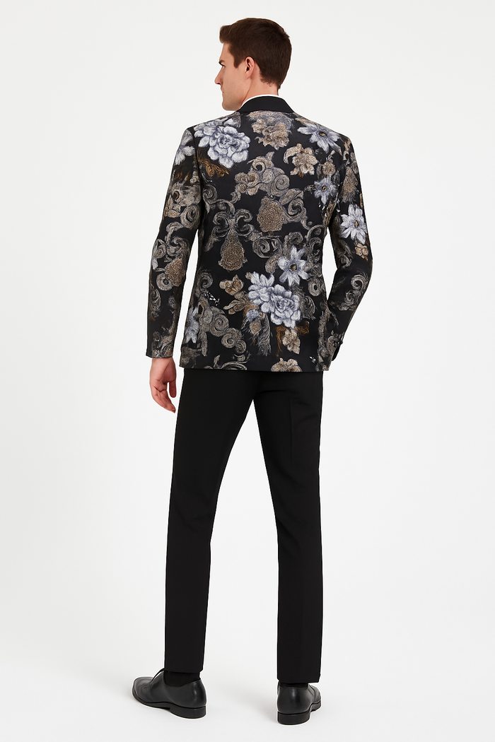 Mens Black and Gold and Silver Floral Jacquard Blazer with Satin Shawl Lapel Tuxedo Suit With Black Pants with Bowtie