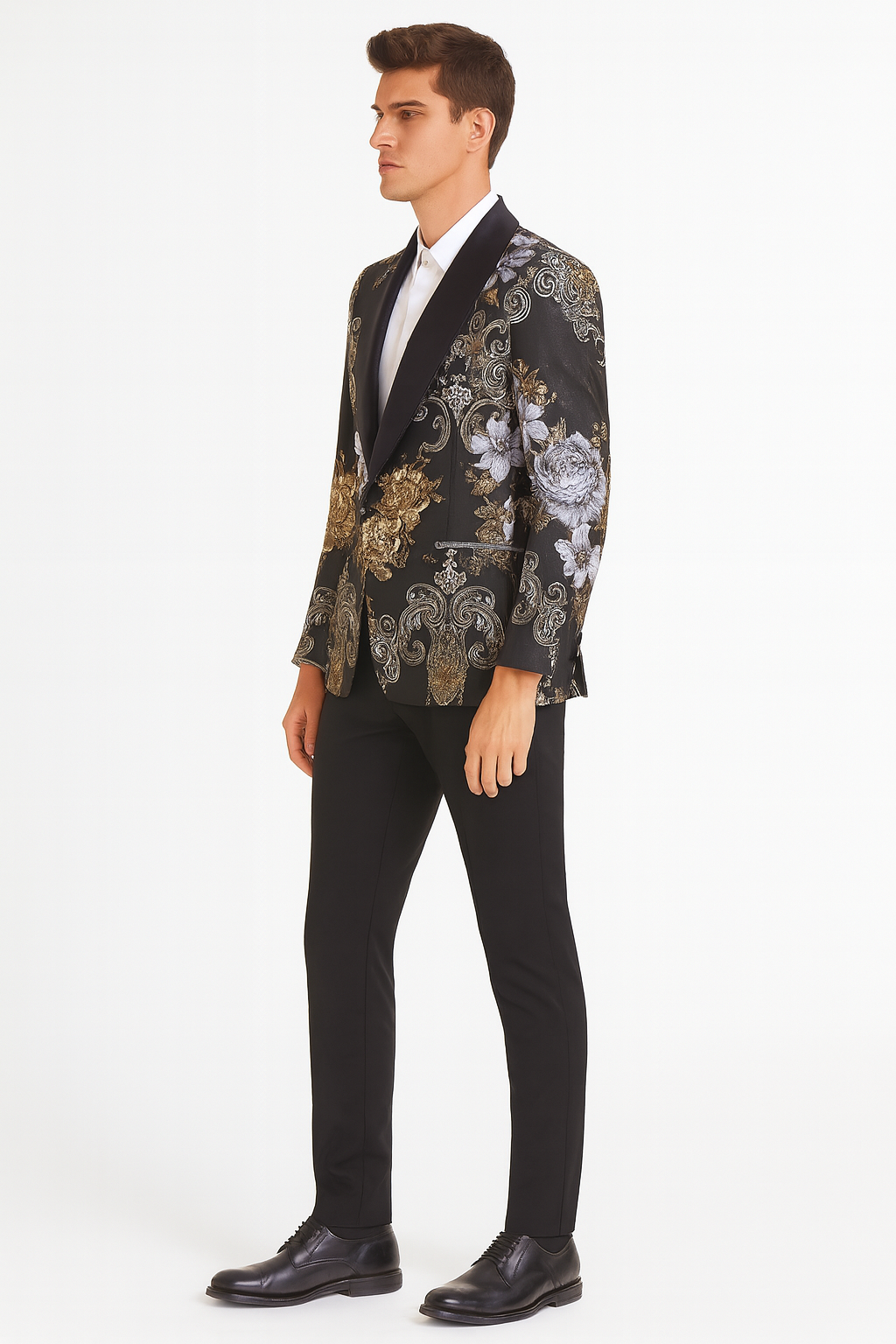 Mens Black and Gold and Silver Floral Jacquard Blazer with Satin Shawl Lapel Tuxedo Suit With Black Pants with Bowtie