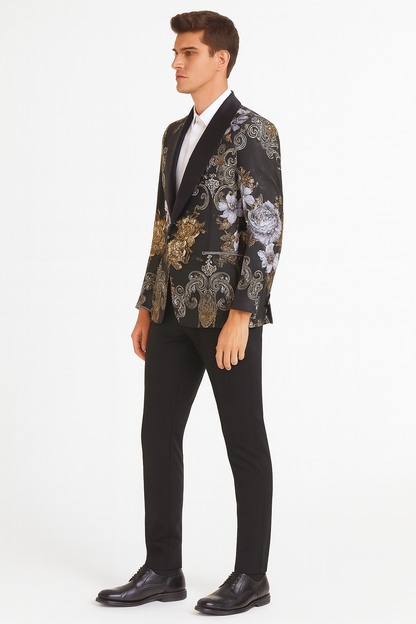Mens Black and Gold and Silver Floral Jacquard Blazer with Satin Shawl Lapel Tuxedo Suit With Black Pants with Bowtie
