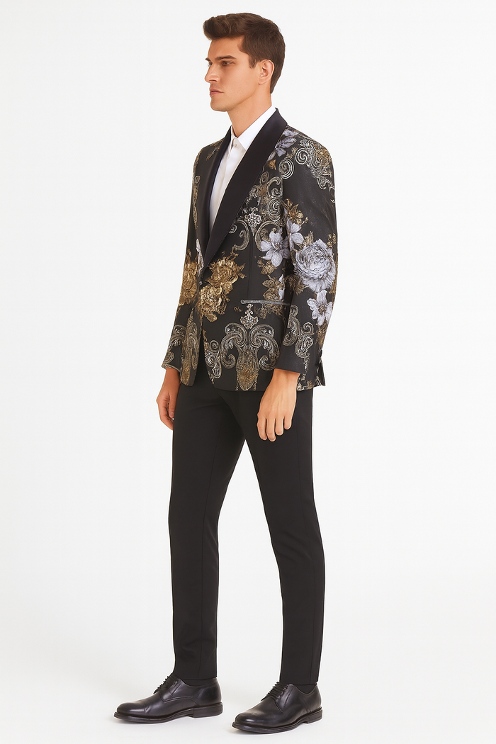 Mens Black and Gold and Silver Floral Jacquard Blazer with Satin Shawl Lapel Tuxedo Suit With Black Pants with Bowtie
