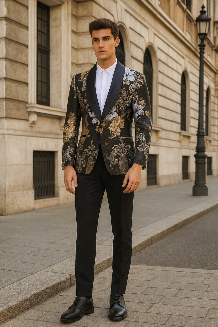 Mens Black and Gold and Silver Floral Jacquard Blazer with Satin Shawl Lapel Tuxedo Suit With Black Pants with Bowtie