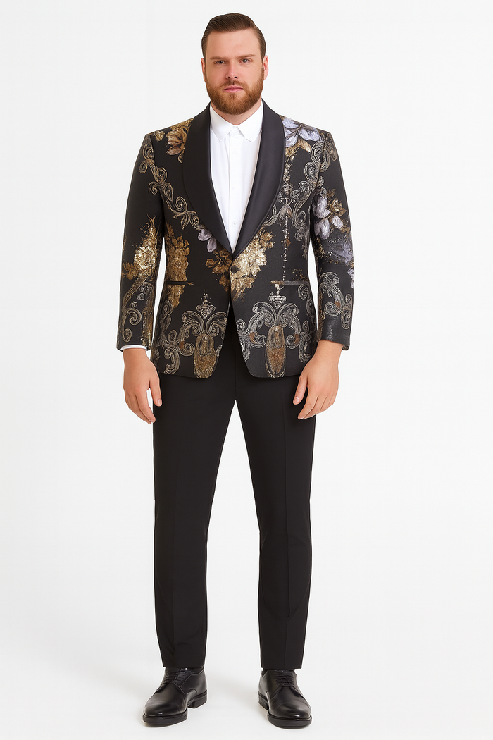 Mens Black and Gold and Silver Floral Jacquard Blazer with Satin Shawl Lapel Tuxedo Suit With Black Pants with Bowtie