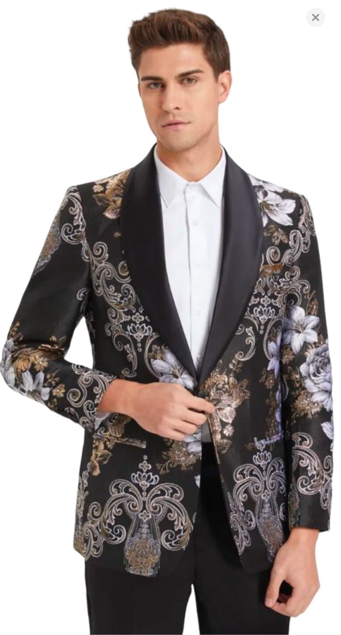 Mens Black and Gold and Silver Floral Jacquard Blazer with Satin Shawl Lapel Tuxedo Suit With Black Pants with Bowtie