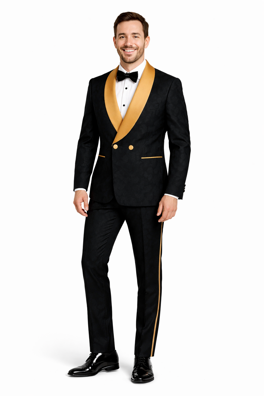 Men's Black and Gold Shawl Lapel Tuxedo with Jacquard Texture  Wedding & Prom Suit