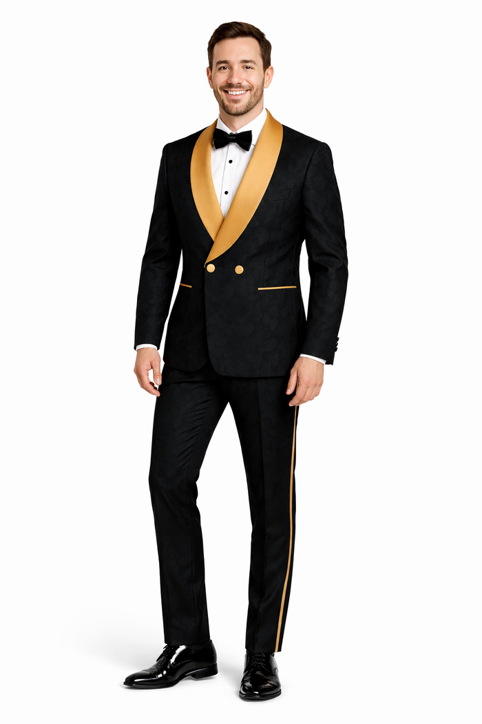 Men's Black and Gold Shawl Lapel Tuxedo with Jacquard Texture  Wedding & Prom Suit