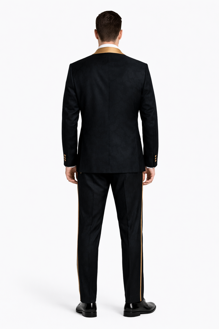Men's Black and Gold Shawl Lapel Tuxedo with Jacquard Texture  Wedding & Prom Suit