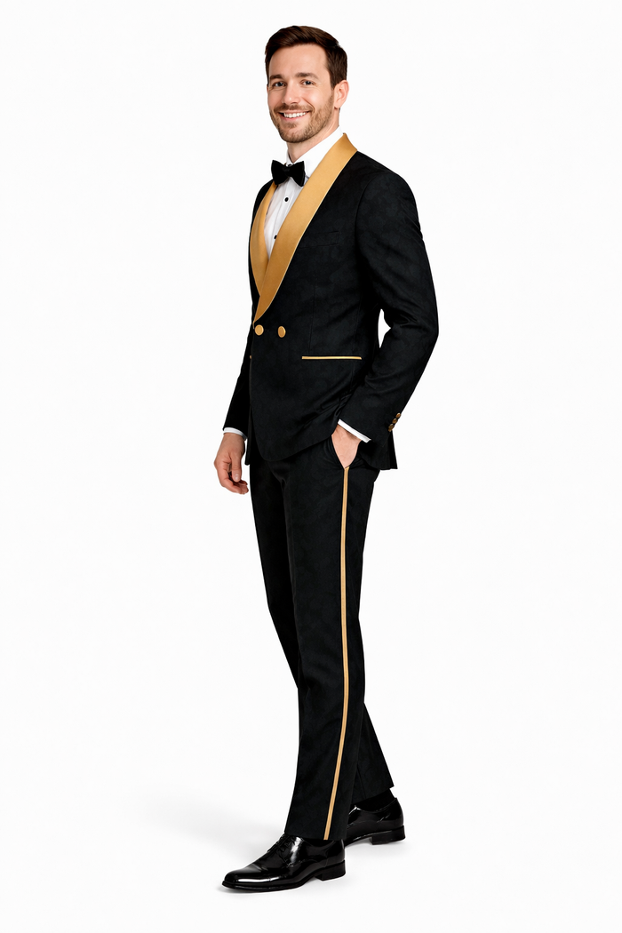 Men's Black and Gold Shawl Lapel Tuxedo with Jacquard Texture  Wedding & Prom Suit