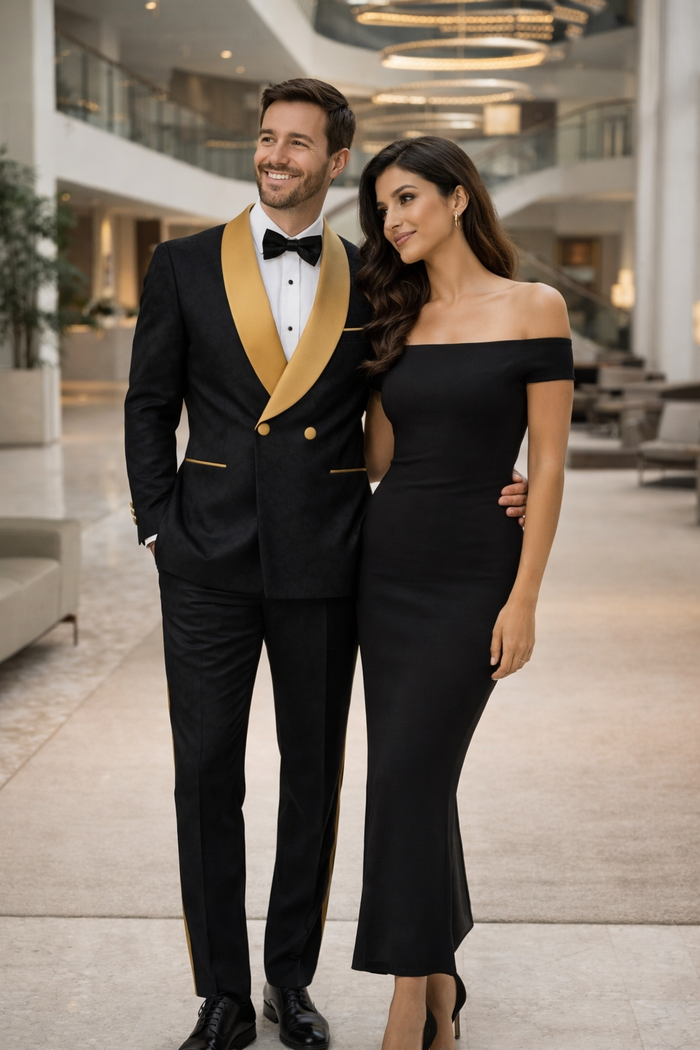 Men's Black and Gold Shawl Lapel Tuxedo with Jacquard Texture  Wedding & Prom Suit