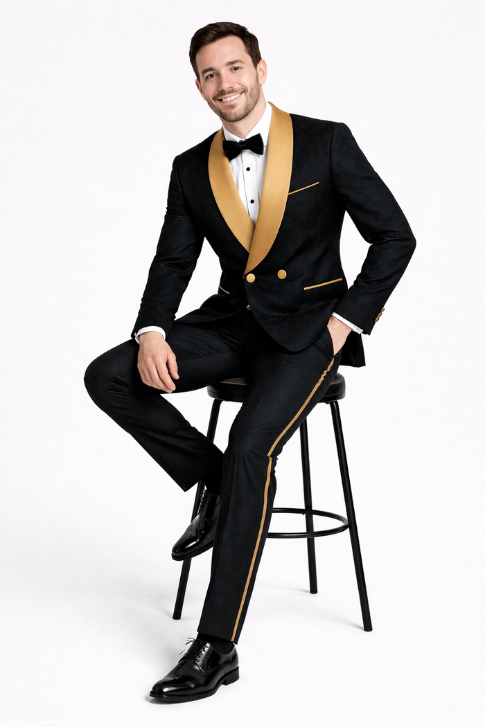 Men's Black and Gold Shawl Lapel Tuxedo with Jacquard Texture  Wedding & Prom Suit