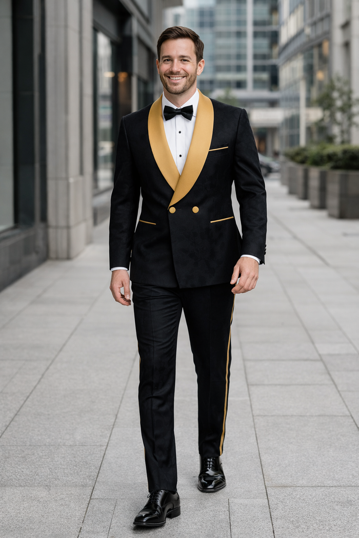 Men's Black and Gold Shawl Lapel Tuxedo with Jacquard Texture  Wedding & Prom Suit