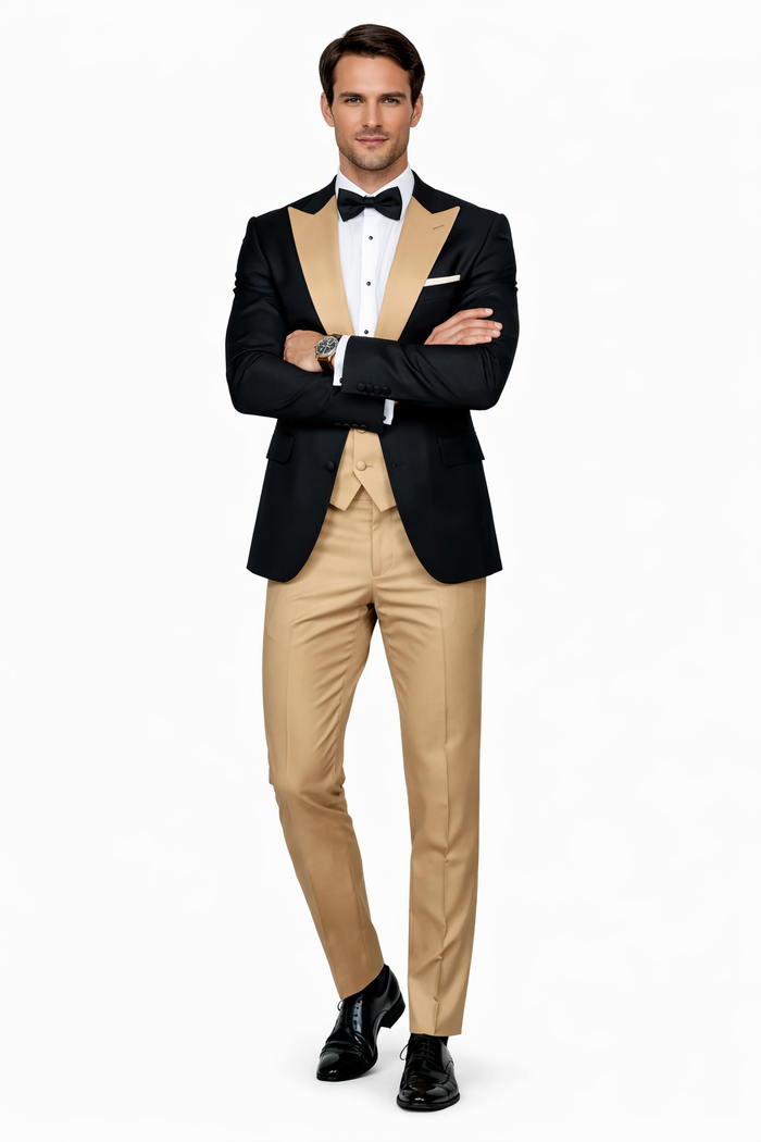 Men’s Black and Goldish Champaign Camel Bronze Tuxedo with Satin Shawl Lapel and Matching Vest with Bowtie