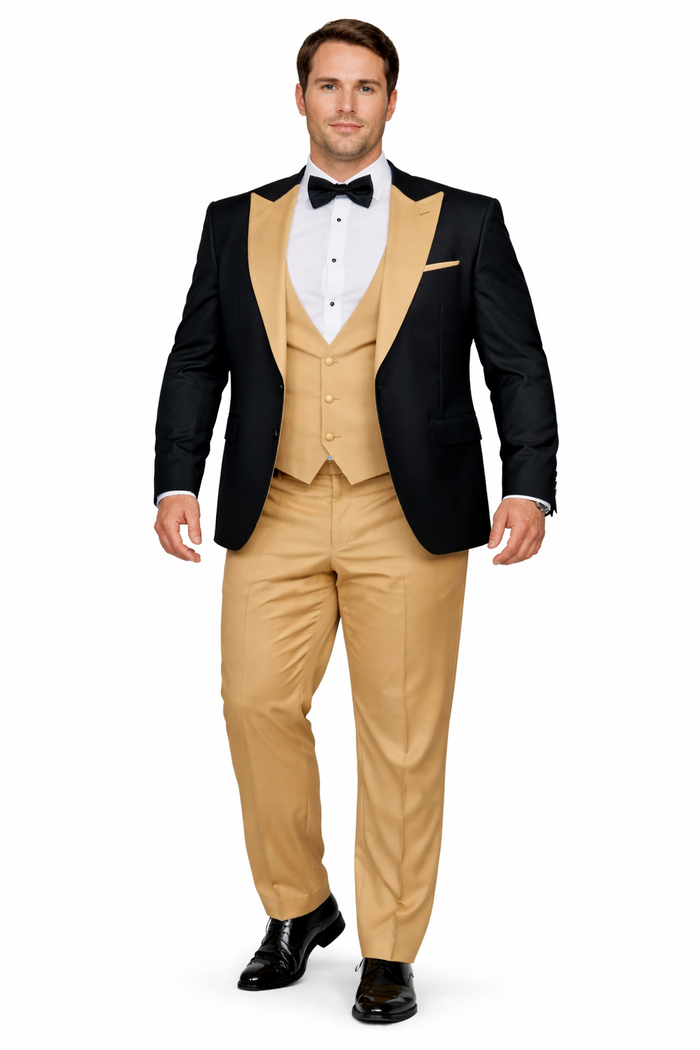 Men’s Black and Goldish Champaign Camel Bronze Tuxedo with Satin Shawl Lapel and Matching Vest with Bowtie
