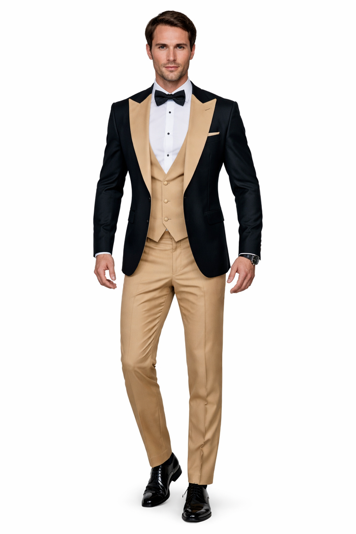 Men’s Black and Goldish Champaign Camel Bronze Tuxedo with Satin Shawl Lapel and Matching Vest with Bowtie