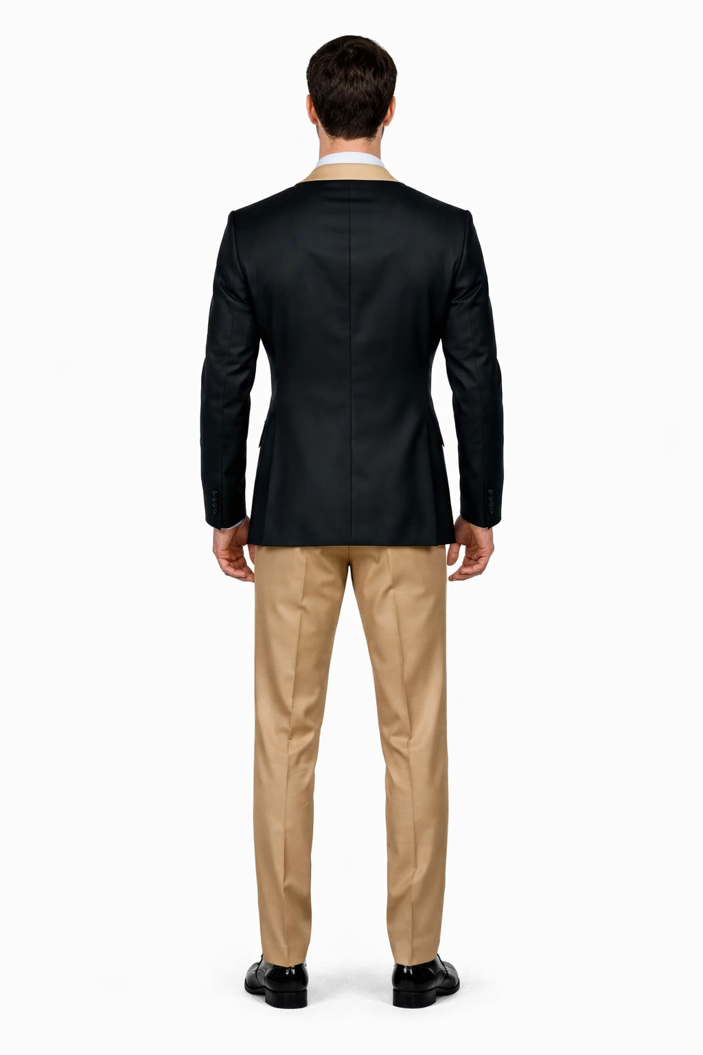 Men’s Black and Goldish Champaign Camel Bronze Tuxedo with Satin Shawl Lapel and Matching Vest with Bowtie