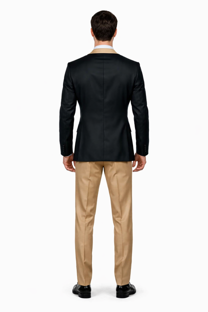 Men’s Black and Goldish Champaign Camel Bronze Tuxedo with Satin Shawl Lapel and Matching Vest with Bowtie
