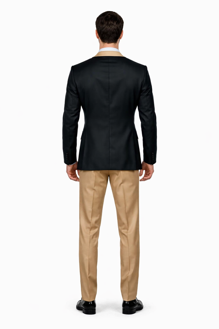Men’s Black and Goldish Champaign Camel Bronze Tuxedo with Satin Shawl Lapel and Matching Vest with Bowtie