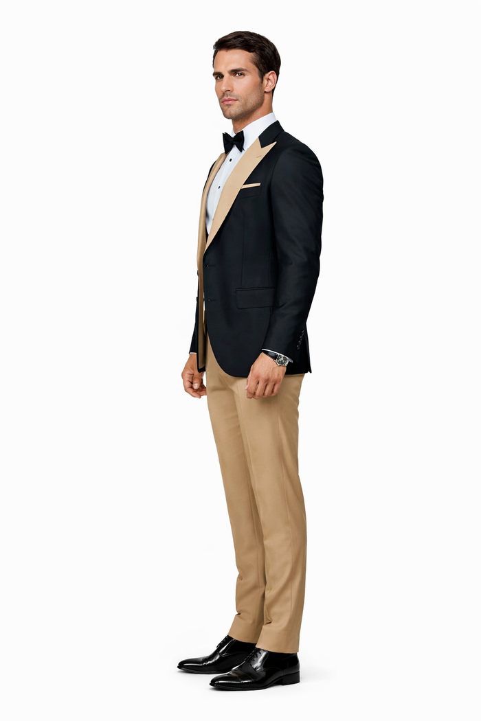 Men’s Black and Goldish Champaign Camel Bronze Tuxedo with Satin Shawl Lapel and Matching Vest with Bowtie