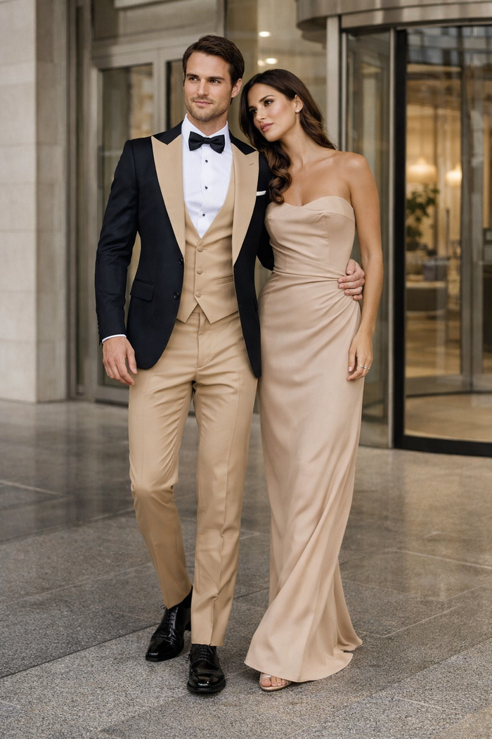 Men’s Black and Goldish Champaign Camel Bronze Tuxedo with Satin Shawl Lapel and Matching Vest with Bowtie