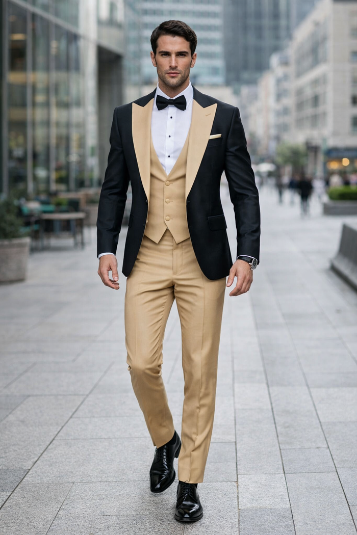 Men’s Black and Goldish Champaign Camel Bronze Tuxedo with Satin Shawl Lapel and Matching Vest with Bowtie