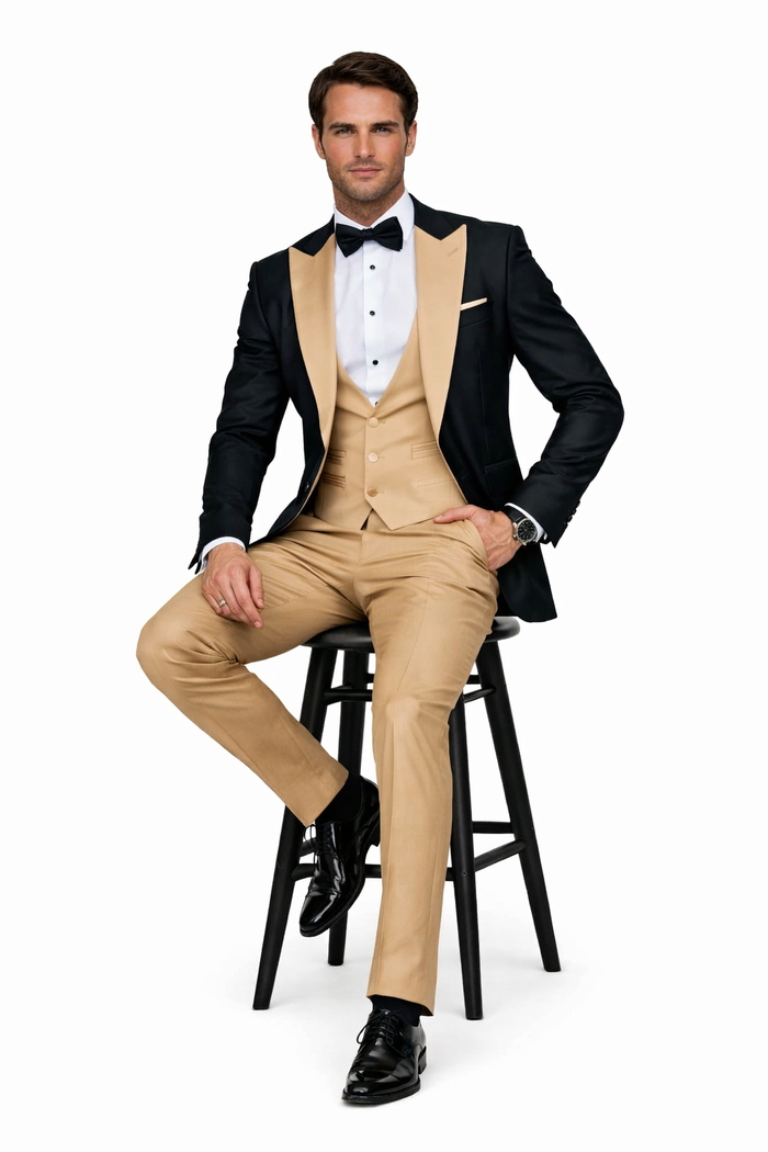 Men’s Black and Goldish Champaign Camel Bronze Tuxedo with Satin Shawl Lapel and Matching Vest with Bowtie