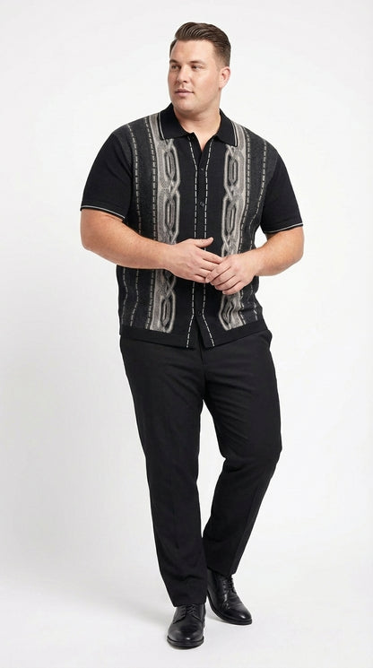 Mens Black and Gray Pattern Walking Suit Set – Short Sleeve Knit Shirt and Pants Casual Outfit for Summer, Travel and Everyday Wear