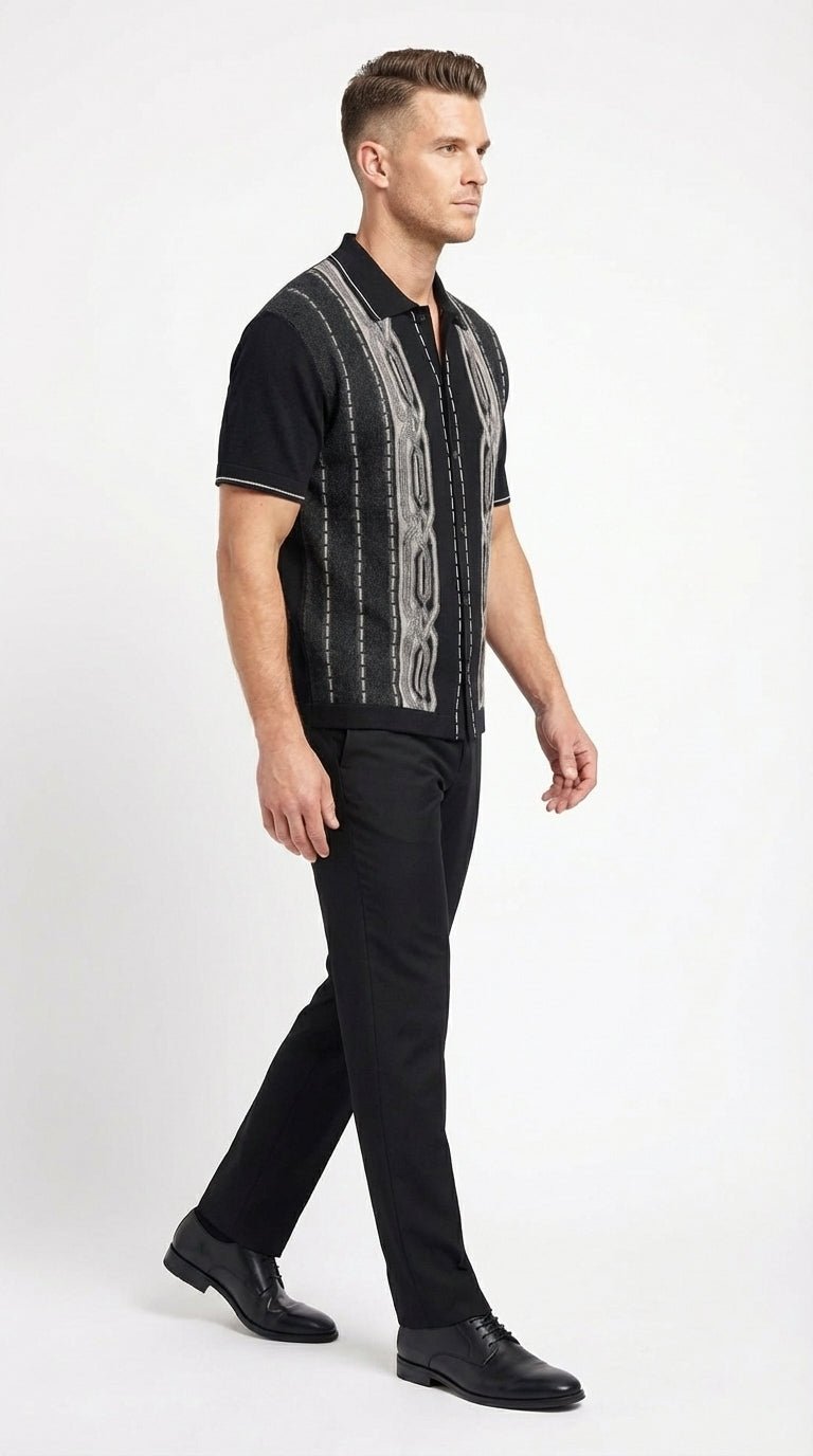 Mens Black and Gray Pattern Walking Suit Set – Short Sleeve Knit Shirt and Pants Casual Outfit for Summer, Travel and Everyday Wear