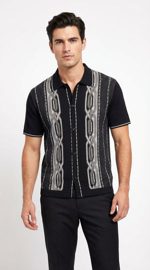 Mens Black and Gray Pattern Walking Suit Set – Short Sleeve Knit Shirt and Pants Casual Outfit for Summer, Travel and Everyday Wear